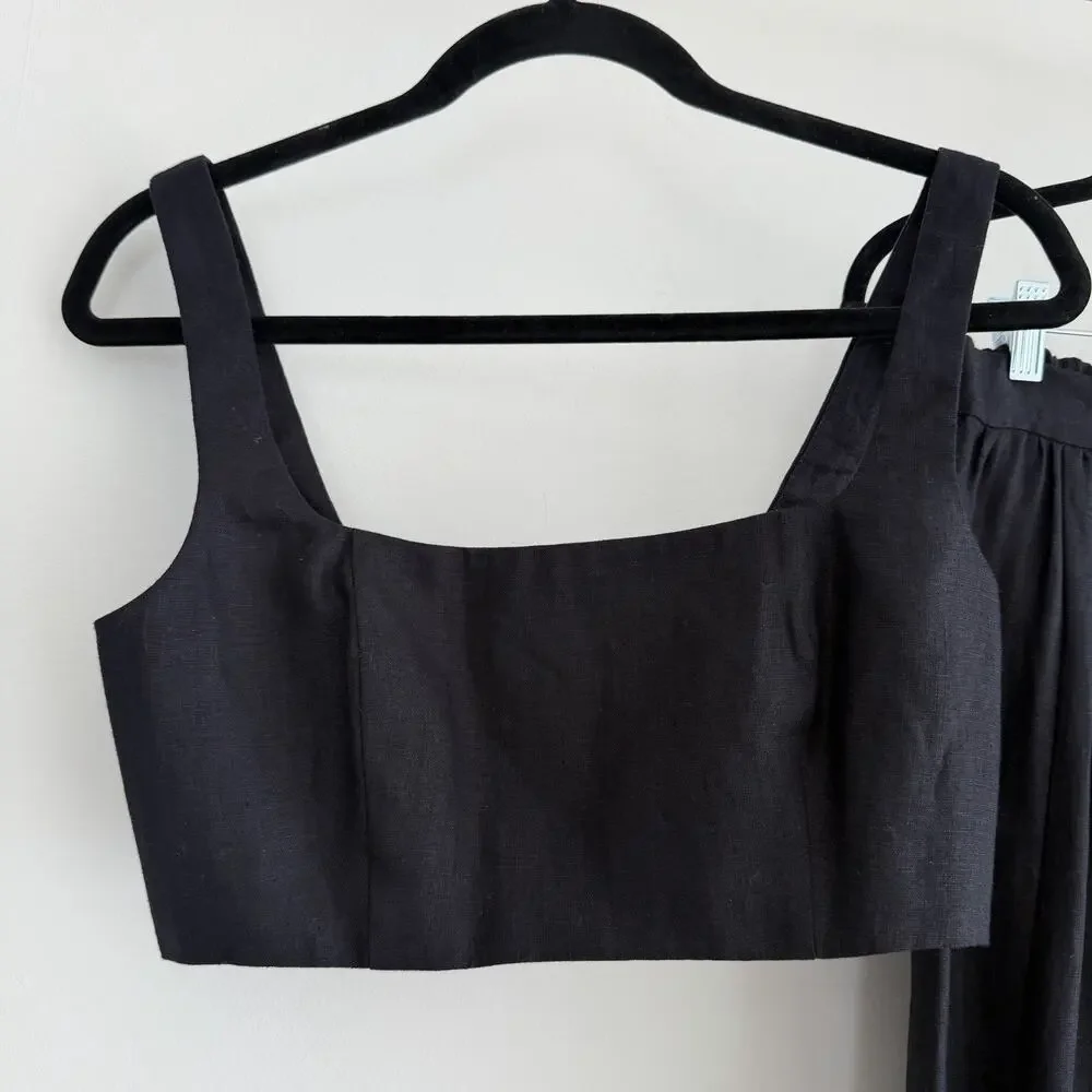 Reformation Linen Palm Set 4 Black Two Piece Set Crop Top Skirt Vacation Resort